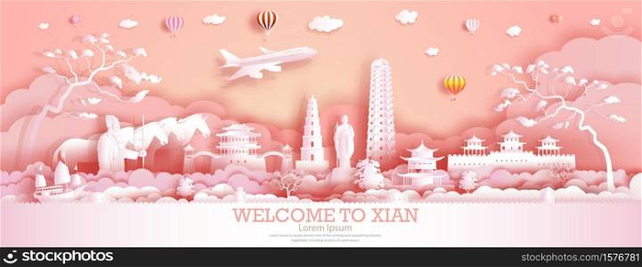 Travel landmarks China in Xian city with ancient warrior, horse and sailboat, Tour landmark retro to history with panorama view on pink background, Origami paper cut style for postcard, advertising