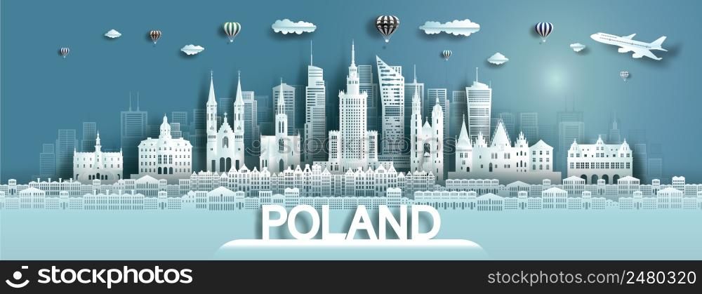 Travel landmarks europe to Poland tour famous city landmarks architecture to warsaw with balloons, Travel landmark Poland with panoramic cityscape popular capital, Vector illustration