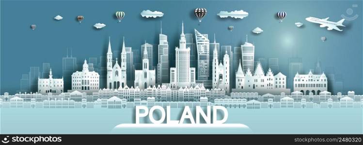 Travel landmarks europe to Poland tour famous city landmarks architecture to warsaw with balloons, Travel landmark Poland with panoramic cityscape popular capital, Vector illustration