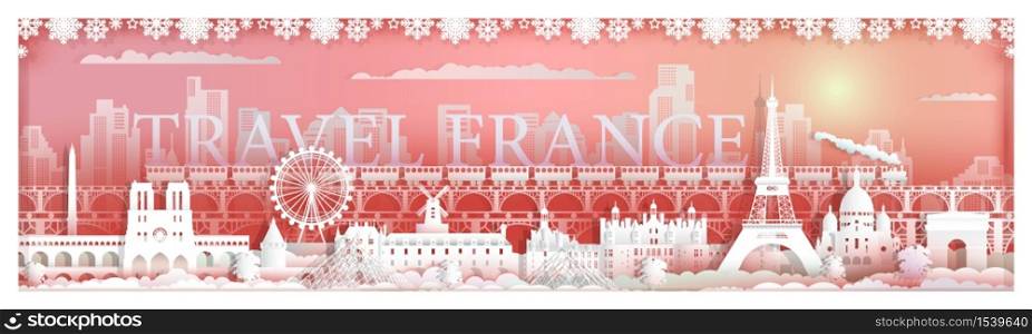 Travel landmarks famous France with city background, Travel by train around paris with panoramic cityscape popular capital, Origami paper cut style for travel landmark poster and postcard,Vector style