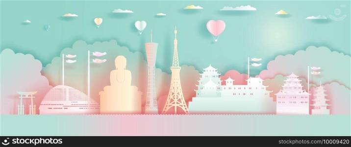 Travel Landmarks Japan Architecture with Love Balloons in colorful background. Paper Art, paper cut, Origami, Postcard And Poster design.Travel Tokyo in Japan Architecture in cute style. Vector