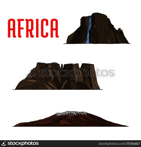 Travel landmarks of Africa thin line icon. Famous african natural landmarks with linear Kibo summit of Kilimanjaro mountain, Drakensberg or Dragons mountains and Tugela Waterfall. Natural travel landmarks of Africa icon, thin line