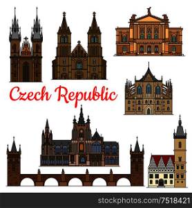 Travel landmarks of Czech Republic icon with linear Charles Bridge, Church of Mother of God, Saint Vitus Cathedral, Opera House, New Town Hall, Cathedral of Saints Peter and Paul, Saint Barbara Church. Travel landmarks and monuments of Czech Republic