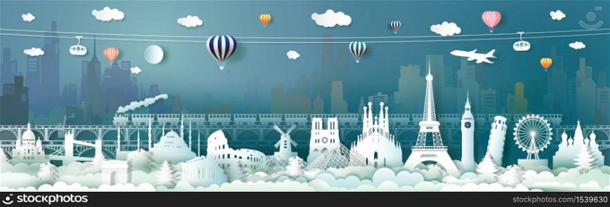Travel landmarks of Europe with train, balloon, Traveling the world, Famous architecture panorama landmark cityscape, Popular capital, Origami paper cut style for postcard, poster,Vector illustration.