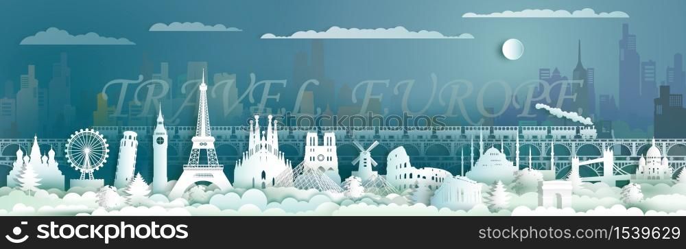 Travel landmarks of Europe with train, Traveling skyline the world, Famous architecture panorama landmark cityscape, Popular capital, Origami paper cut style for postcard, poster,Vector illustration.