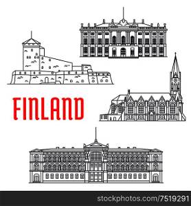 Travel landmarks of Finland and Denmark thin line icon with sea fortress Sveaborg, Lutheran Church of Kotka, art museum Ateneum and palace of danish royal family Amalienborg. Travel landmarks of Finland and Denmark icon