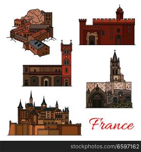 Travel landmarks of France thin line icons with French building. St Jacques Church, Abbey of St Martin and Fortification Castle, Basilica of St Nazarius and St Emilion Monolithic Church. Travel landmarks of France with tourist sights