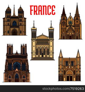 Travel landmarks of french gothic architecture icon with linear Church of Saint-Nizier, Basilique de Fourviere, Reims Cathedral, roman catholic Dijon Cathedral and Basilica of Saint Denis. Travel landmarks of french gothic architecture