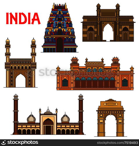 Travel landmarks of indian architecture icon with thin line India Gate, hindu Meenakshi Amman Temple, Gateway of India, islamic mosque Jama Masjid, mosque Charminar, royal palace Chowmahalla. Indian travel landmarks thin line icon