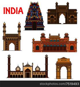 Travel landmarks of indian architecture icon with thin line India Gate, hindu Meenakshi Amman Temple, Gateway of India, islamic mosque Jama Masjid, mosque Charminar, royal palace Chowmahalla. Indian travel landmarks thin line icon