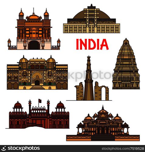 Travel landmarks of indian architecture thin line icon with minaret Qutub Minar, buddhist Great Stupa, Red Fort, sikh Golden Temple, Virupaksha Temple and Swaminarayan Akshardham temple complex. Travel landmarks of indian architecture icon