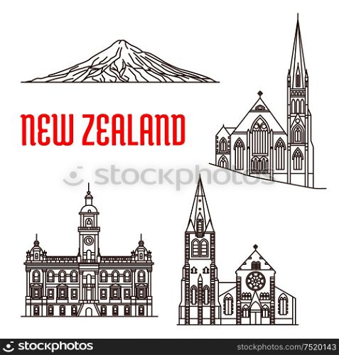 Travel landmarks of New Zealand linear icon with ChristChurch Cathedral, presbyterian Knox Church, Dunedin Town Hall, Mount Taranaki. Travel guide, vacation planning, world heritage design. Travel landmarks of New Zealand thin line icon
