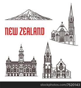 Travel landmarks of New Zealand linear icon with ChristChurch Cathedral, presbyterian Knox Church, Dunedin Town Hall, Mount Taranaki. Travel guide, vacation planning, world heritage design. Travel landmarks of New Zealand thin line icon