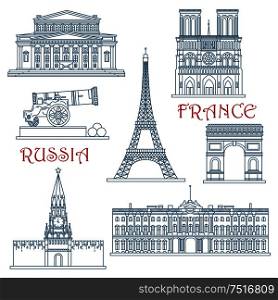 Travel landmarks of Russia and France with Eiffel Tower and Notre Dame Cathedral, Red Square and Kremlin wall with clock tower, Arc de Triumph, Big Theater, Winter Palace and Big Cannon. Thin line style building icons. Thin line Russia and France landmarks