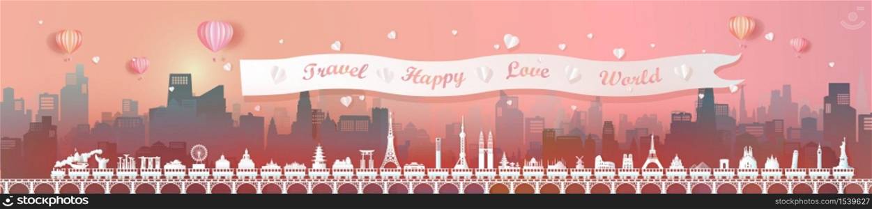 Travel landmarks of world with cityscape background, Landmark capital travel by train and balloon for valentine poster and postcard,Travel world panorama by origami paper style, Vector illustration.