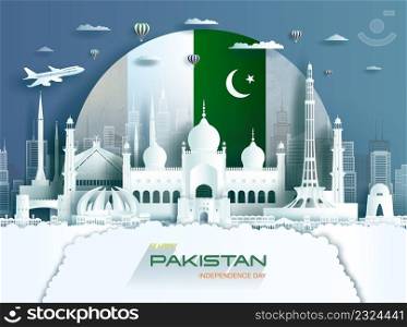 Travel landmarks Pakistan islamabad city with celebration Pakistan independence day in flag background, Tour asia landmark to Lahore with panorama view cityscape popular capital, Origami paper art.
