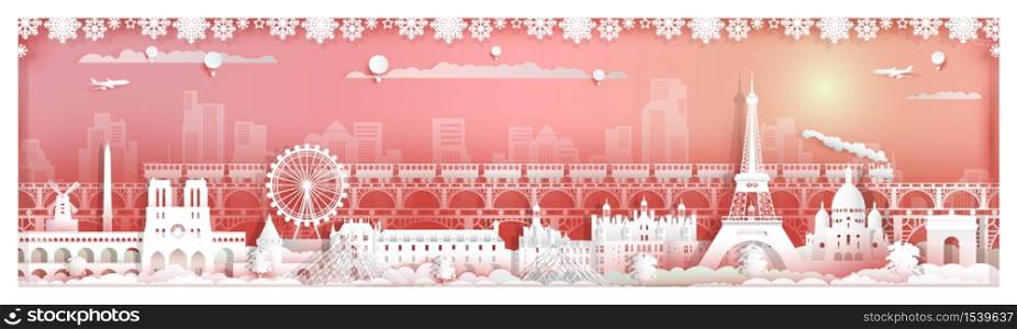 Travel landmarks popular France by train with city background, Tour around paris with panorama cityscape famous capital, Origami paper cut style for print travel landmark poster and postcard vector.