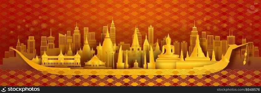 Travel landmarks Thailand traditional silhouette architecture and chinese pattern background, Thailand day anniversary celebration with golden tradition pattern background, Thailand traditional style.