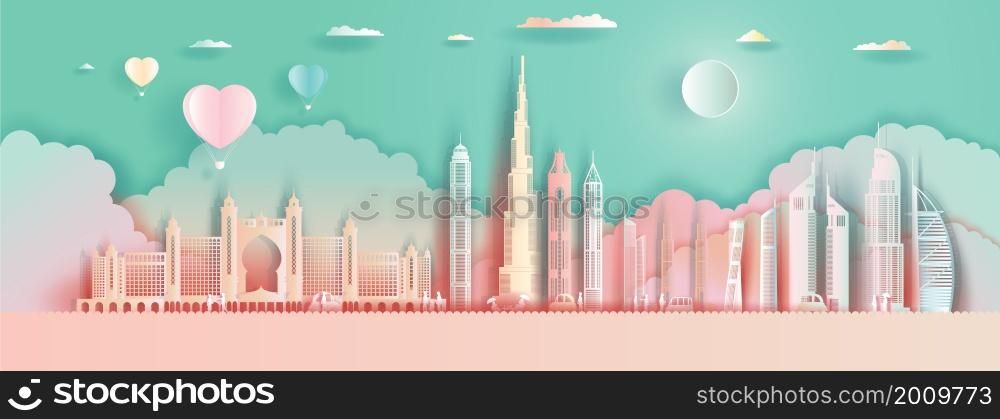 Travel landmarks United Arab Emirates Abu dhabi with Balloons and colorful for wallpaper background, Tour city with panorama view and capital, Colorful origami paper cut style poster and postcard.
