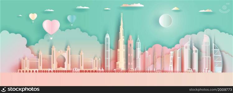 Travel landmarks United Arab Emirates Abu dhabi with Balloons and colorful for wallpaper background, Tour city with panorama view and capital, Colorful origami paper cut style poster and postcard.