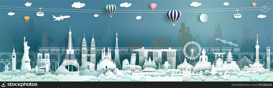 Travel landmarks world famous skyscraper architecture city business popular by balloon and cable car, Tourism panorama of USA,Europe,France,Asia,Spain,England,Russia,Turkey,Japan, Vector illustration.
