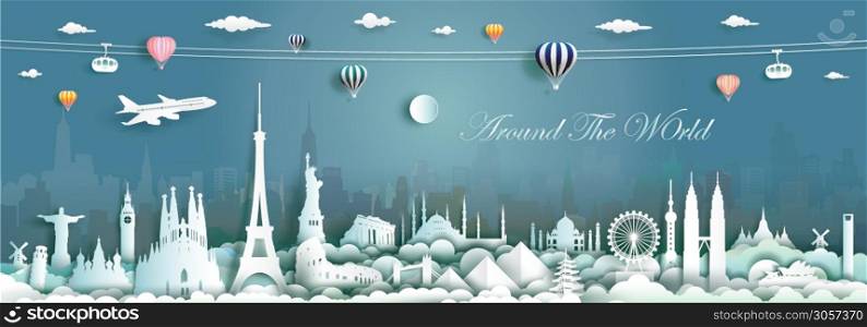 Travel landmarks world with cityscape background, Important architecture monuments of the world,Tourism with panoramic landscape paper cut style,Use for travel poster and postcard,Vector illustration.