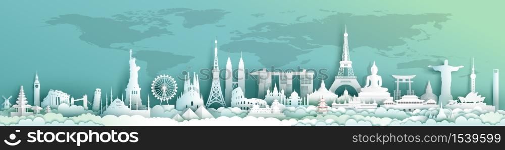 Travel landmarks world with world map background, Important architecture monuments of the world,Tourism with panoramic landscape paper cut style,Use for travel poster and postcard,Vector illustration.