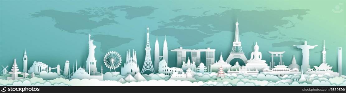 Travel landmarks world with world map background, Important architecture monuments of the world,Tourism with panoramic landscape paper cut style,Use for travel poster and postcard,Vector illustration.