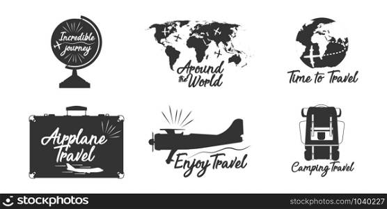 Travel lettering label vector adventure design. Vacation tourism emblem calligraphy badge. Cruise vintage tour airplane black silhouette trip