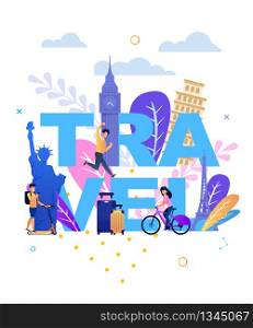 Travel Lettering with Happy Tourists and Landmarks. People Using Eco Transport. Men Running, Guy Scooting, Woman Cycling. Vector Baggage and Famous Places for Visit over Letters Flat Illustration. Travel Lettering with Happy Tourists and Landmarks