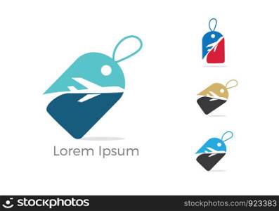 Travel logo design. Airplane in sale tag vector illustration. Holidays and tourism symbol.