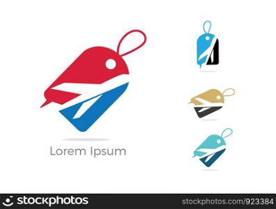 Travel logo design. Airplane in sale tag vector illustration. Holidays and tourism symbol.