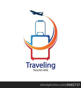 Travel logo, holidays, tourism, business trip company logo design. bag vector with airplane