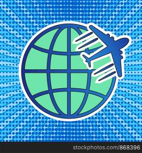 travel logo icon with globe and plane on retro comic pop art stripped and dot background