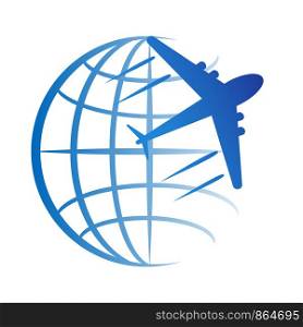 travel logo icon with globe and plane, stock vector illustration