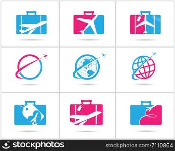 Travel logos set design, airplane in home, heart and cloud, tourism vector icons.