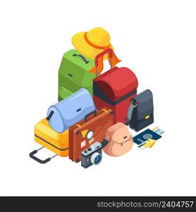 Travel luggage. Airport bags collection 3d isometric travelling pack for summer adventures garish vector set. Illustration luggage and suitcase for vacation and travel tourism. Travel luggage. Airport bags collection 3d isometric travelling pack for summer adventures garish vector set