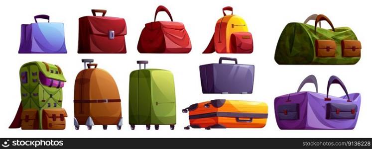 Travel luggage and suitcase vector illustration set. Business case, baggage and backpack cartoon journey isolated clipart collection. Different package design for worldwide trip or vacation.. Travel luggage and suitcase vector cartoon set