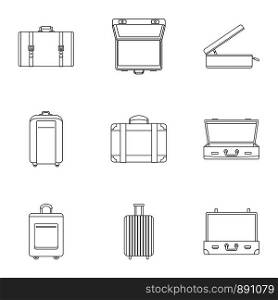 Travel luggage icon set. Outline set of 9 travel luggage vector icons for web design isolated on white background. Travel luggage icon set, outline style