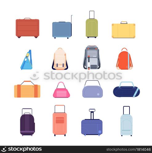 Travel luggage. Vacation suitcase, isolated backpack plastic tour baggage. Vintage flat briefcase bags, holiday business handbag vector set. Illustration bag and suitcase, baggage journey and handbag. Travel luggage. Vacation suitcase, isolated backpack plastic tour baggage. Vintage flat briefcase bags, holiday business handbag vector set