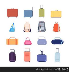 Travel luggage. Vacation suitcase, isolated backpack plastic tour baggage. Vintage flat briefcase bags, holiday business handbag vector set. Illustration bag and suitcase, baggage journey and handbag. Travel luggage. Vacation suitcase, isolated backpack plastic tour baggage. Vintage flat briefcase bags, holiday business handbag vector set
