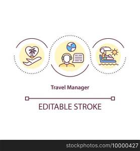 Travel manager concept icon. Person responsible for business travel idea thin line illustration. Help develop corporate journey policies. Vector isolated outline RGB color drawing. Editable stroke. Travel manager concept icon