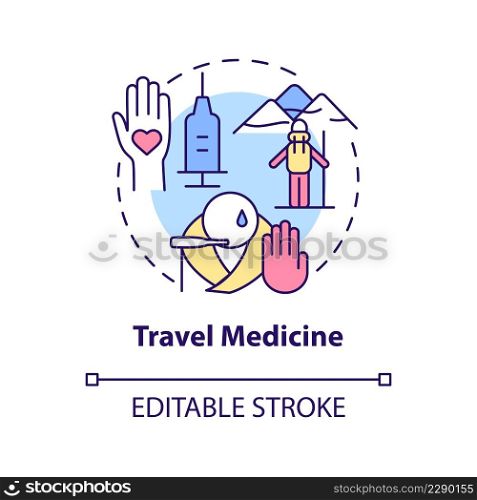 Travel medicine concept icon. Healthcare for tourists. Service of medical center abstract idea thin line illustration. Isolated outline drawing. Editable stroke. Arial, Myriad Pro-Bold fonts used. Travel medicine concept icon