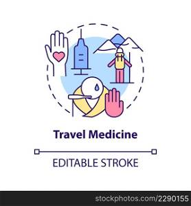 Travel medicine concept icon. Healthcare for tourists. Service of medical center abstract idea thin line illustration. Isolated outline drawing. Editable stroke. Arial, Myriad Pro-Bold fonts used. Travel medicine concept icon