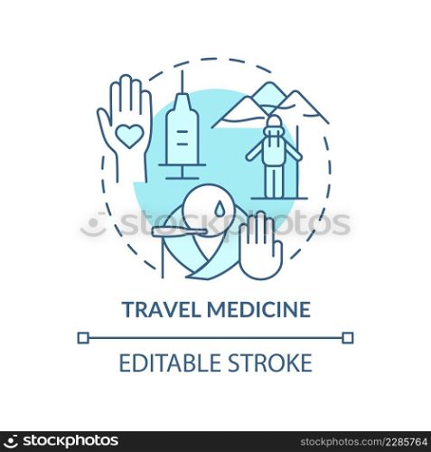 Travel medicine turquoise concept icon. Healthcare for tourists. Medical center abstract idea thin line illustration. Isolated outline drawing. Editable stroke. Arial, Myriad Pro-Bold fonts used. Travel medicine turquoise concept icon