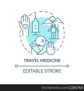 Travel medicine turquoise concept icon. Healthcare for tourists. Medical center abstract idea thin line illustration. Isolated outline drawing. Editable stroke. Arial, Myriad Pro-Bold fonts used. Travel medicine turquoise concept icon