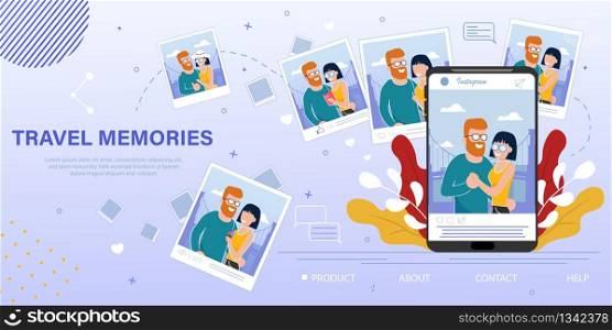 Travel Memories Blog, Photo Service for Tourists Trendy Flat Vector Ad Banner, Promo Poster. Happy Couple Making Mobile Selfie, Posting Photos from Vacation Travel in Social Network Illustration