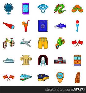 Travel mood icons set. Cartoon set of 25 travel mood vector icons for web isolated on white background. Travel mood icons set, cartoon style