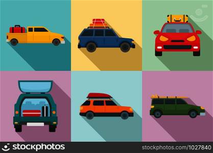 Travel on car icons set. Flat set of travel on car vector icons for web design. Travel on car icons set, flat style