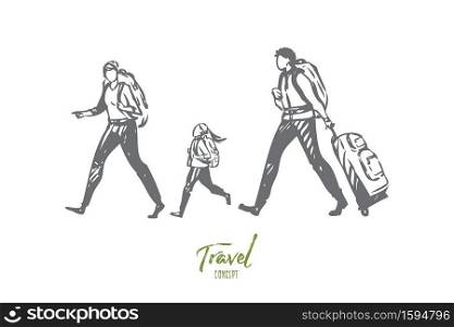 Travel on foot concept sketch. Family going on trip. Walking through airport with luggage. Activity for entire family. Parents and small child exploring world. Isolated vector illustration. Travel on foot concept sketch. Isolated vector illustration